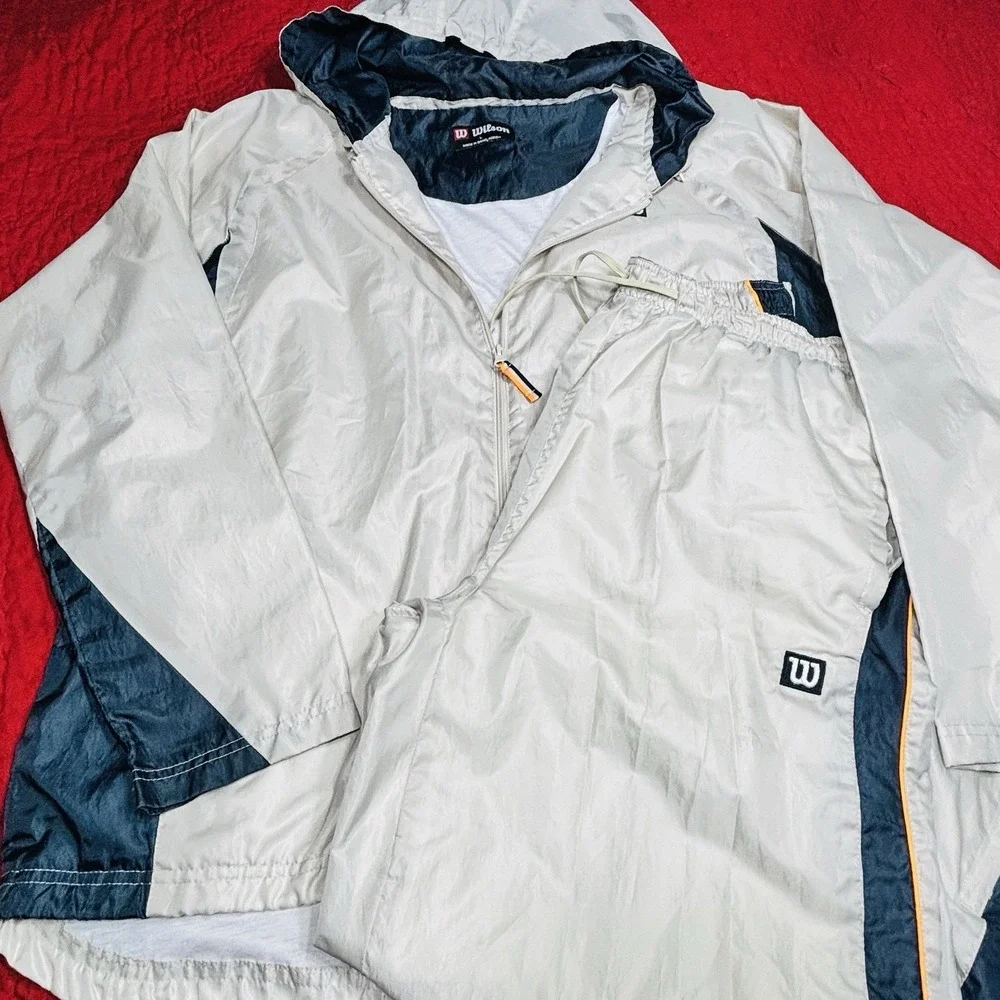 Vintage Wilson Nylon Windbreaker Warmup Tracksuit Set Men's Large White Blue